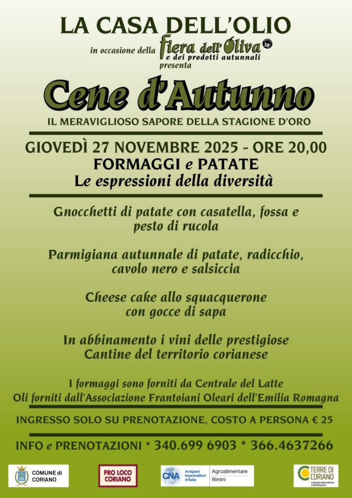 CENA GIOVEDI 27 NOVEMBRE FIERA OLIVA PROLOCO CORIANO