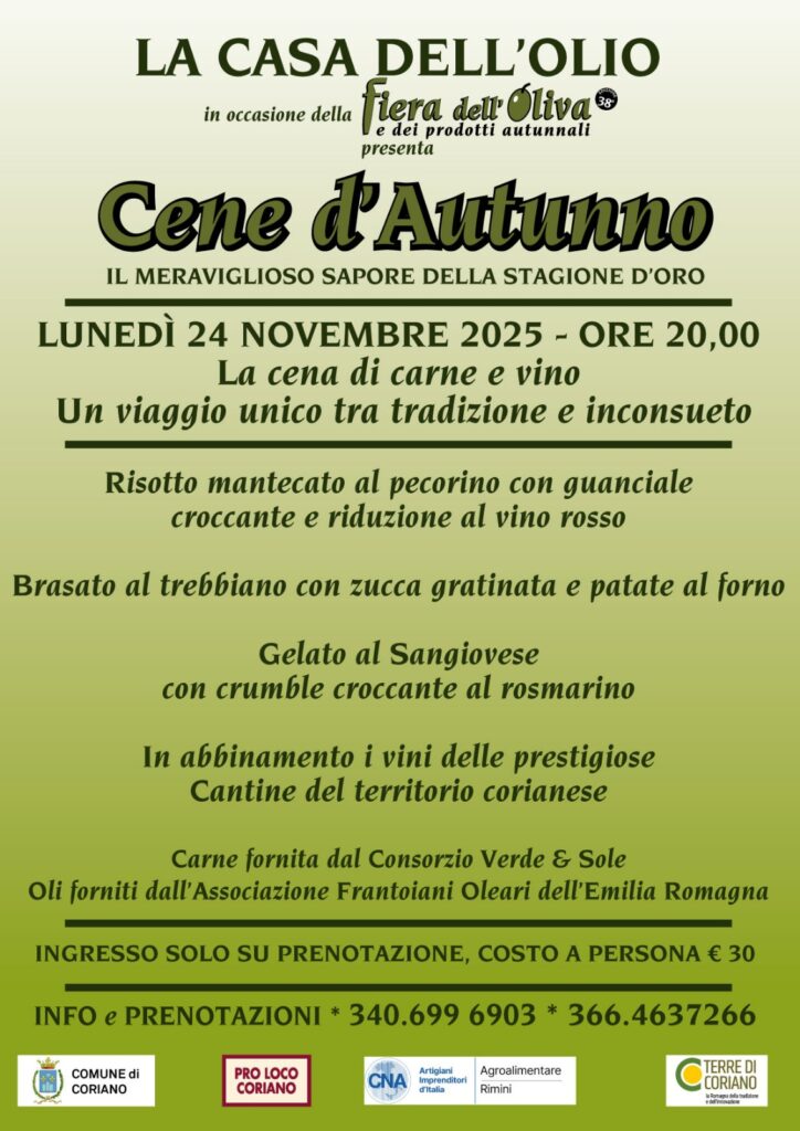 CENA LUNEDI 24 NOVEMBRE FIERA OLIVA PROLOCO CORIANO
